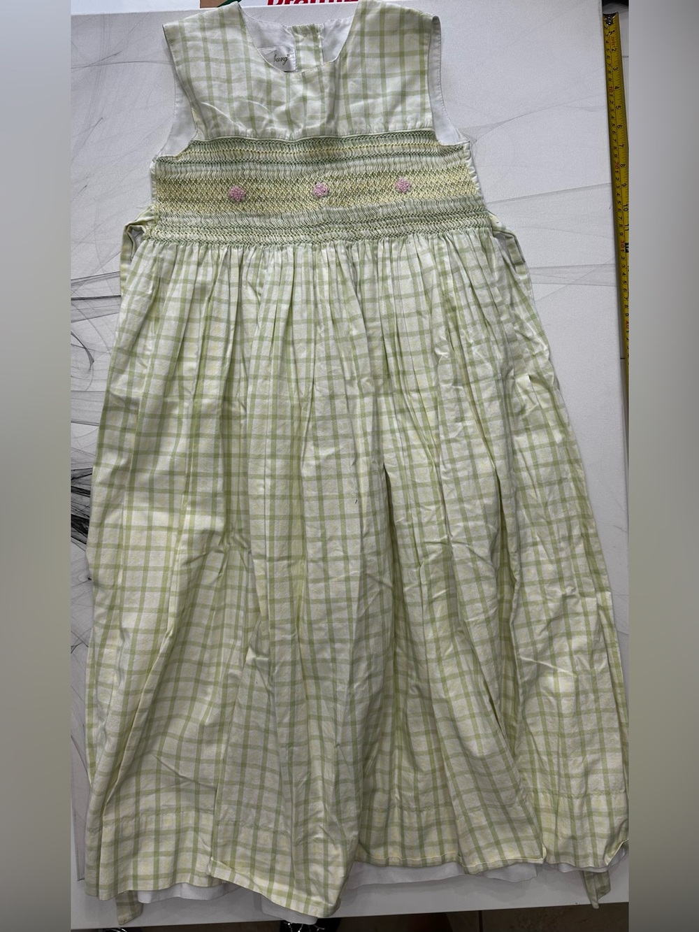 Vintage Strasburg Children Smocked Dress Green Gingham Plaid Rosettes Size 5/6